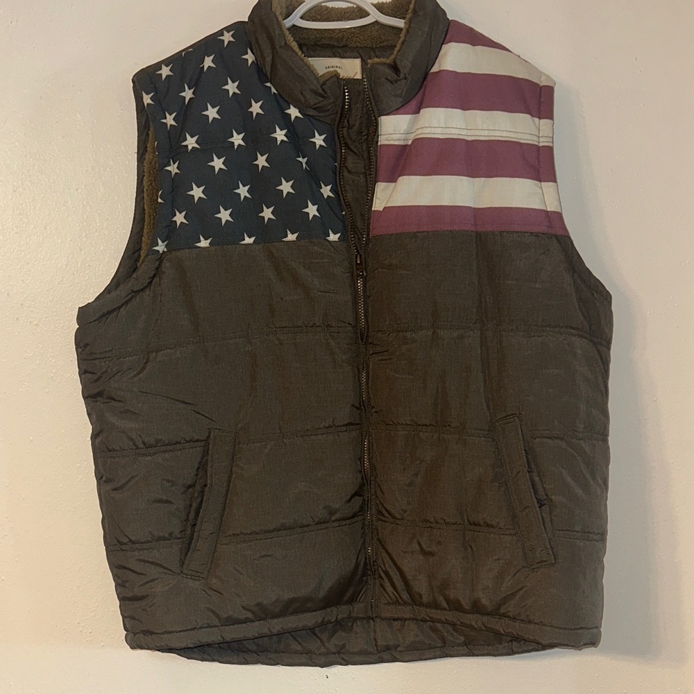 Men's Quilted Brown Puffer Vest with Flag Accent